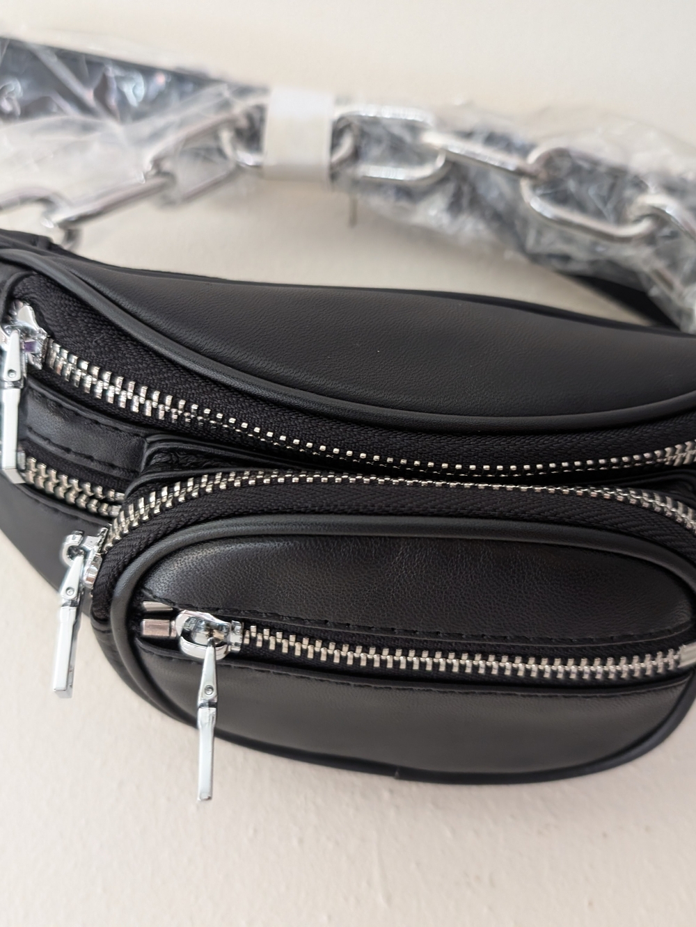 Black Soft Multi‑Zip Sling Crossbody Bag with Silver Chain Strap NWT